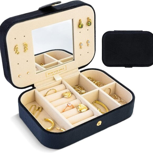 Plush Velvet Travel Jewelry Storage Box | Earring Organizer with Mirror | Small - Picture 1 of 6